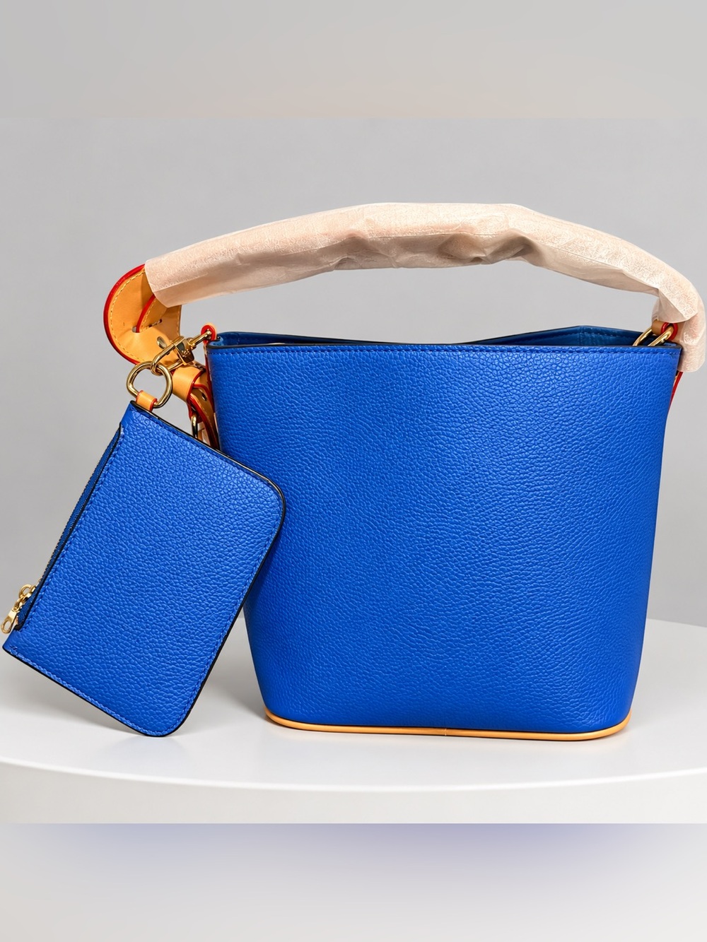 Blue monogram Leather Bucket Bag with Wristlet/wallet